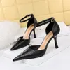 Womens Patent Leather High Heels Sandals Hollow Out Wood Pattern Dress Shoes Fashion Pointed Toe Pumps