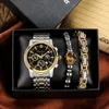 Andra klockor Luxury Men's 4 PCSSet Gift Box Quartz Men Luminous Kalender Watch Full Steel Waterproof Watch Armband Set Present Masculino 230619