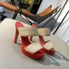 2023-Women High Heels Leather Platform Mules Sandals Slippers with Tweed pearl Green Pink & Yellow size 35-41