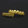 Mens Gold Plated Top and Bottom Teeth Grillz Set Goldenteeth Grills Hip Hop Jewelry