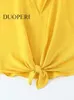 Women's Blouses Shirts DUOPERI Women Fashion With Knot Yellow Solid Loose Vintage V Neck Short Sleeves Female Chic Lady Crop Tops 230620