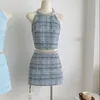 Werkjurken Tweedelige set Damesoutfits 2023 Tweedpakken Koreaans Modieus Blauw Plaid Hangende nek Jarretel Tanktop Hoge taille Mini