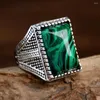 Cluster Rings Luxury Square Inlaid Imitation Malachite Texture Retro Turquoise Jewelry for Men Women Party Wedding Ethnic Gifts R056