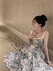 Robe d'été pour femmes de style chinois à imprimé floral bleu à bretelles spaghetti taille haute maxi longue robe de vacances à la plage XSSML