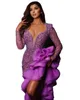 Purple Lilac High Side Split Ruffles Evening Dress Long Sleeve Beaded Crystal Prom Gowns Deep V Neck Celebrity Women Party Wear