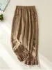 女性用コットンリネンパンツ女性弾性ウエストフローラル刺繍伝統的なフォークレースパッチワーク足首の長さカジュアル