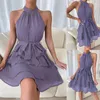 Casual Dresses M2EA Women Summer Sleeveless Halter Neck Ruffle Layer A-Line Short Dress With Belt Solid Color Textured Tiered Swing