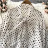 Womens Blouses Shirts SINGREINY French Polka Dot Blouse Women Sweet Bow Collar Long Sleeve Office Lady Tops Elegant Streetwear Chiffon Spring 230620