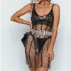 Casual Dresses Summer Sexy Sequin Mesh Patchwork Dress Women Crochet Hollow Out Rhinestone Party Club See Through Wrap Mini