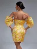الفساتين غير الرسمية جاكار الحفلات لباس النساء قبالة الكتف الأصفر الجسم
