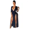 Robes décontractées Sexy See-Through Sheer Mesh Maxi Dress Femmes Deep V-cou Stretchy High Split Floor-length Soirée Long Club Wear