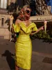 Casual Dresses Jacquard Evening Party Dress Women Yellow Bodycon Elegant Sexy Midi Off Shoulder Brithday Club Outfits 2023 Summer