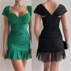 Casual Dresses Women Short Cap Sleeve Ruffle Mesh Hem Ruched BodyCon Mini Dress Sexig V-ringning Backless A-Line Pacakge Hip Cocktail Drop
