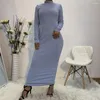 Ethnic Clothing Abaya Women Muslim Long Dress Solid Color Elastic Cotton Maxi Robe Casual Slim Stretch Sleeve Gown Middle East Ramadan