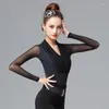 Scene Wear Latin Dance Tops For Women Sexig V-ringning Långärmad Leotard Kvinnlig vuxen Ballroom Samba Dancing Shirt Practice Bodysuit DL5911