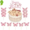 New 13Pcs Pink Butterfly Happy Birthday Cake Topper Kids Girl 1st Birthday Party Cake Decoration Dessert Cupcake Topper Supplies