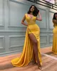 Sexy Yellow Prom Dresses V Neck Cap Sequins Evening Gowns Slit Pleats Formal Red Carpet Long Special Occasion Party dress