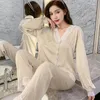 Damen-Nachtwäsche, Pyjamas für Frauen, 2023, Sommer, Seide, Damen, einfarbig, V-Ausschnitt, lange Ärmel, sexy Spitze, Hosenanzüge, Set, Frau, 2 Stück