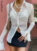 Bluzki damskie koszule słodkoown vintage białe fałdy y2k koszule bluzki kobiety elegancka moda rozszerzona na guziki z długim rękawem patrz przez seksowne koszulki siatki J230621