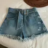 Kvinnor Jeans Summer Short Girls Pants With Wide Belt and Rough Edge Women Blue Straight Tassel Classic Slim Denim Shorts