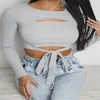 Women's Blouses Women Solid Color Blouse Pullover Long Sleeve Round Neck Hollow Out Bandage Crop Top Sexy Lace-up Club Party Wear Autumn