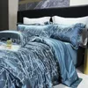 Bedding Sets Luxury 4Pcs Satin/Sateen Silky Duvet Cover Set Marbling Jacquard Sliver/Blue Include Quilted Bedspread 2Pillowcases