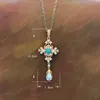 Pendant Necklaces Vintage Gold Plated Cross Pearls For Women Green Stone Inlay Retro Fashion Jewelry Wedding Party Gifts