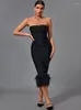 Casual Dresses Feather Bandage Dress 2023 Women Black BodyCon Elegant Sexig Midi Evening Party Summer Birthday Club Outfits