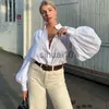 Women's Blouses Shirts Chic New Lantern Sleeve V Neck Plain Shirts Women Solid Color Blouse Lady OL Tops Autumn Spring Lapel Button Down Shirts J230621