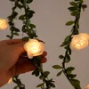 New Rose Flower Led Fairy String Lights Artificial Green Leaf Rattan Wedding Birthday Party Home DIY Decoration Christmas Garland