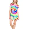 Robes décontractées Tie-dye Smudged Beach T-shirt Jupe O Cou Coton Lâche Mi-longueur Droite A-ligne Femme All-match Short