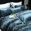 Bedding Sets Luxury 4Pcs Satin/Sateen Silky Duvet Cover Set Marbling Jacquard Sliver/Blue Include Quilted Bedspread 2Pillowcases