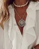 Chemisiers pour femmes chemises 2020 femmes mode élégant blanc volants décontracté col en V chemisier chemises solide boutonné volants bouton conception haut à manches longues J230621