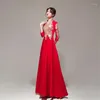 Ethnische Kleidung im chinesischen Stil, edle Blume in voller Länge, schlankes Qipao, rote Langarm-Stickerei, Abendkleider, formelles Abendkleid, Toast