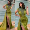 Fashion Green Sequins Prom Dresses High Neck Overskirts Evening Gowns Slit Pleats Formal Red Carpet Long Special Occasion Party dress