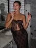 Two Piece Dress Lace Print Sexy Mesh Sheer Skirt Set For Women See Through Strapless Crop Top Skirt Matching Suit Female Night Club Party Set 230620