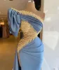 Satin Silk Evening Gold Appliques Puff Sleeve Mermaid Prom Gowns Slim Side Split Red Carpet Fashion Party Dresses