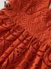 Grundläggande casual klänningar ld Linda della modebanan Sommarklänning Kvinnor V-Neck Puff Sleeve Hollow Out Brodery Vintage Red Party Midi Dress 230620