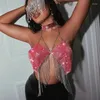 Women's Tanks Club Backless Bralette Beach Halter Gold Sequined Tank Top Camisole Sexig Rhinestone Tassel Croped Vest 2023