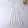 Festklänningar sommar veckade kvinnor chiffon casual strand semester kort ärm kvadrat krage kvinna midi klänning bohemian mujer vestidos