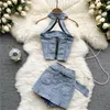 Two Piece Dress Sexy Women Summer Denim Jeans Halter Tops Mini Skirt Outfits Suits Backless Sashes Chic Style Bodycon High Waist Vestidos 230620
