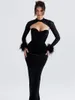 Casual klänningar svart sammet korsett maxi klänning kvinnor fjäder jul bodycon elegant sexigbrithday club outfits 2023 höstvinter