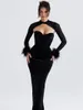 Vestidos casuais CORSET DE VELUDO PRETO MAXI VESTIDO Feminino Feather Christmas Bodycon Elegante SexyBrithday Club Outfits 2023 Autumn Winter