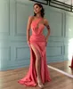 Fashion Coral Pink Prom Dresses V Neck Evening Gowns Slit Pleats Formal Red Carpet Long Special Occasion Party dress