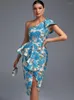 Robes décontractées Jacquard à volants robe de soirée femmes bleu moulante élégant Sexy Midi une épaule soirée Club tenues 2023 mode d'été