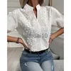 Damesblouses Overhemden Chic Solid Hollow-out V-hals Kanten blouse Bloemenmotieven Borduurwerk Decoratie Casual damesoverhemd Pofmouwen Half katoenen tops J230621