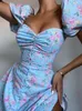Podstawowe sukienki swobodne kobiety bez ramiączki Sukienka Seksowna V Szyja Kwiatowa nadruk Boho Beach sukienka podzielona z ramienia Mini Sundress Robe S ~ 3xl 230620