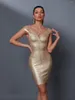 Casual Dresses Gold Bandage Dress Women Luxury Party Bodycon Elegant Metallic Sexy Mini Birthday Evening Club Outfits Summer 2023