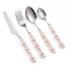 Ensembles De Vaisselle En Acier Inoxydable De Luxe Rose Réutilisable Fourchette Cuillère Couteau Ensemble Perle Céramique Table Mignon Steak Écologique Couverts Dessert Kitche