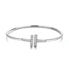 Bracelet double T plaqué argent TFF pour femmes, marque originale, incrusté de diamants, tempérament simple, ouvert, bijoux